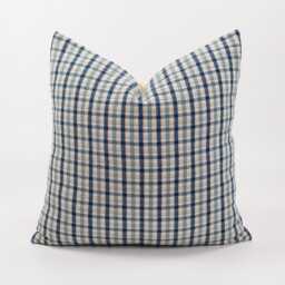 Blue Gingham Plaid Throw Pillow Cover, Beige Cotton, Bamboo Reverse