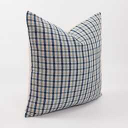 Blue Gingham Plaid Throw Pillow Cover, Beige Cotton, Bamboo Reverse - thumbnail 3