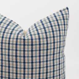 Blue Gingham Plaid Throw Pillow Cover, Beige Cotton, Bamboo Reverse - thumbnail 2