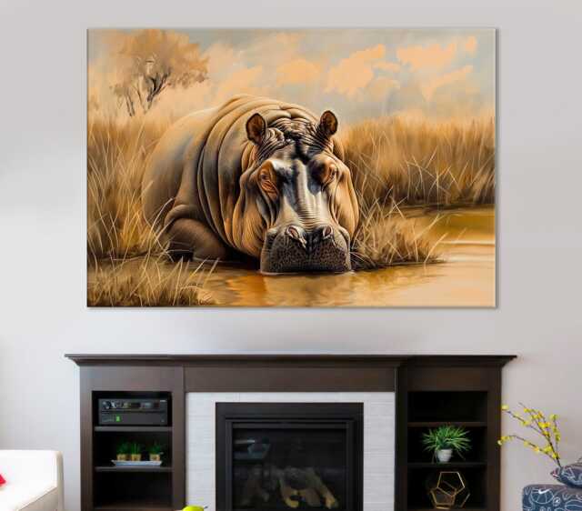 Hippo Canvas Print Modern Living Room Wall Art, Ready To Hang - image 1