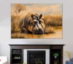 Hippo Canvas Print Modern Living Room Wall Art, Ready To Hang - thumbnail 1