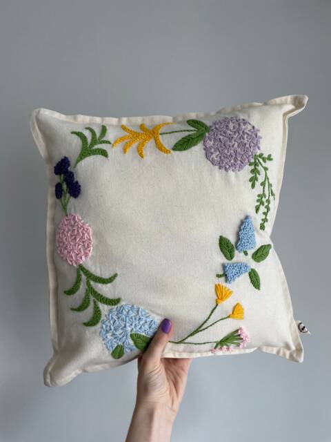 Handmade Floral Punch Needle Pillow Cover Linen Country Cushion - image 1