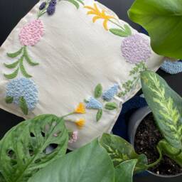 Handmade Floral Punch Needle Pillow Cover Linen Country Cushion - thumbnail 3