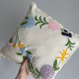 Handmade Floral Punch Needle Pillow Cover Linen Country Cushion - thumbnail 2