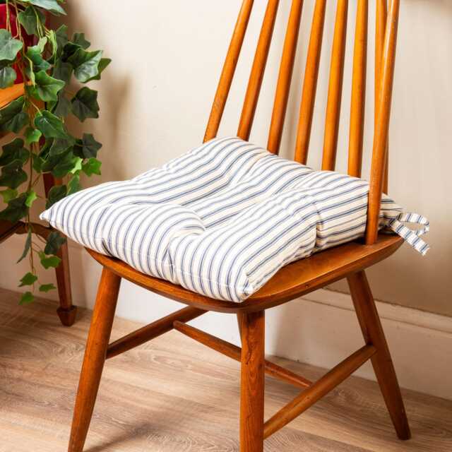 "Nautical Cotton Ticking Stripe Quilted Seat Pad in Navy Blue. Luxury Dining Chair With Ties. Deep-Filled & Supersoft. 16X16"" X 3" - image 1