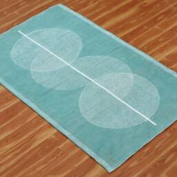 Blue Block Printed Cotton Rug Geometric Woven Dhurrie, Washable - thumbnail 2