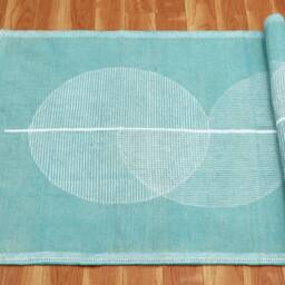 Blue Block Printed Cotton Rug Geometric Woven Dhurrie, Washable - thumbnail 4