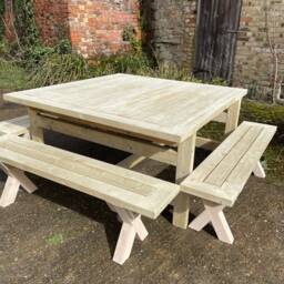 Square Garden Outdoor Patio Table & 4 X Leg Benches - thumbnail 2