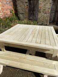 Square Garden Outdoor Patio Table & 4 X Leg Benches - thumbnail 1