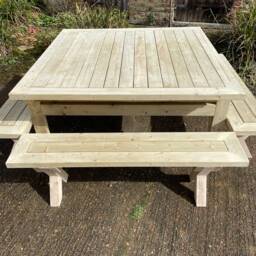 Square Garden Outdoor Patio Table & 4 X Leg Benches - thumbnail 3