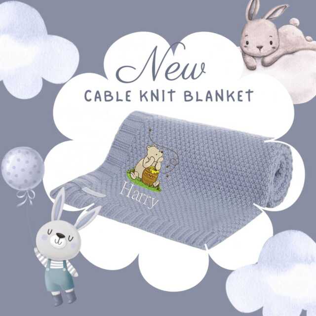 Baby Boys Cable Knitted Blanket Winnie The Pooh Bees Design Newborn Toddler Pram Cot Stroller Gift Present Dusky Blue - image 1