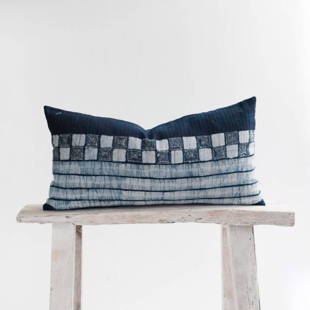 Indigo Batik Lumbar Pillow Cover Handwoven Hmong Textile, 12x24 - image 1