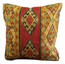 "Handmade Wool Embroidered Cushion Cover Contemporary Red Yellow Peach - 16""x16"