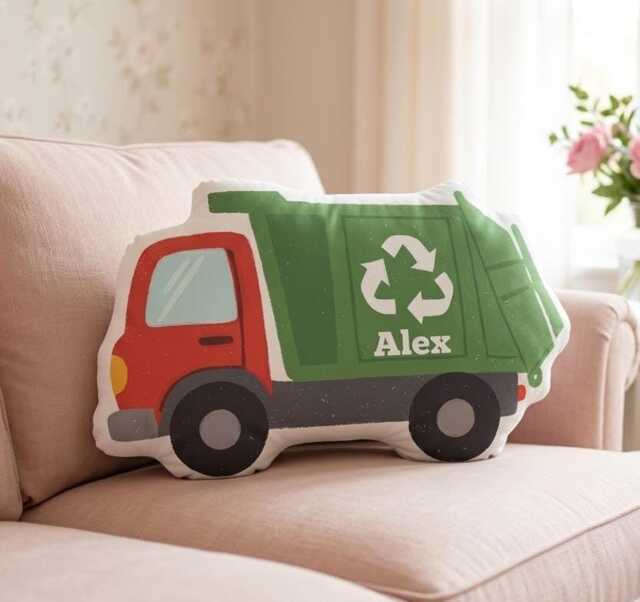 Personalized Garbage Truck Pillow, Custom Name Kids Cushion, Recycling Throw Nursery Bedroom Decor - image 1