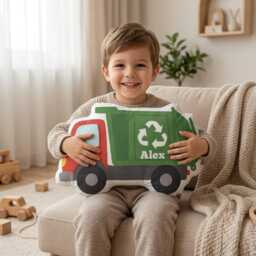Personalized Garbage Truck Pillow, Custom Name Kids Cushion, Recycling Throw Nursery Bedroom Decor - thumbnail 4