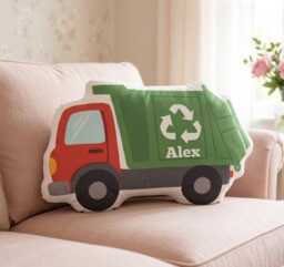 Personalized Garbage Truck Pillow, Custom Name Kids Cushion, Recycling Throw Nursery Bedroom Decor - thumbnail 1