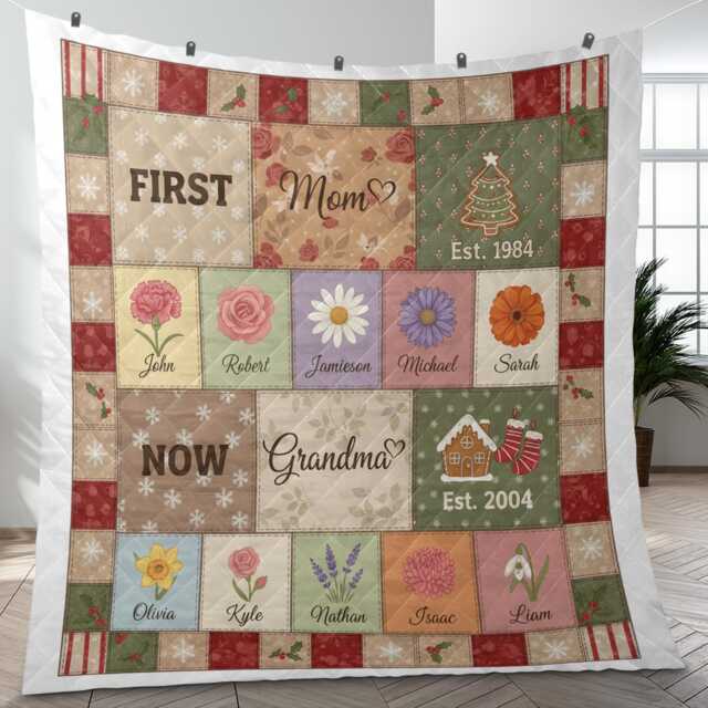 Personalized Mom To Grandma Quilt - Custom Family Name Flower Blanket Gift - image 1