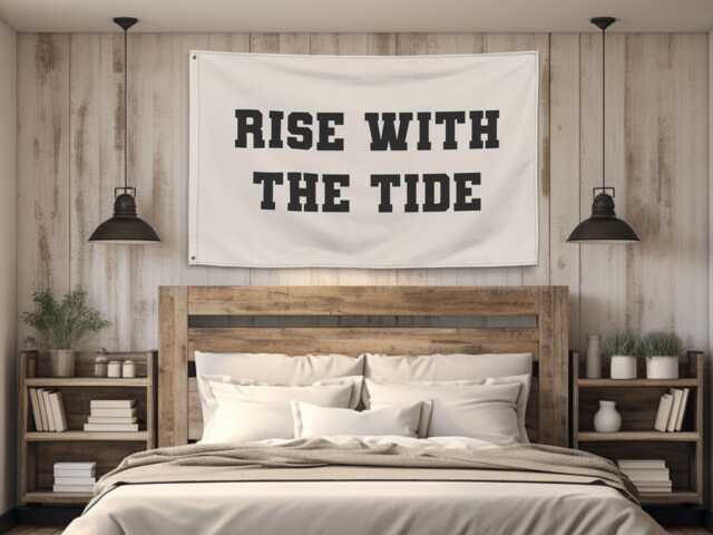 Rise With The Tide Banner - Boho Wall Decor, Coastal Nursery Sign, Beachy Fabric Banner, Ocean Quote Hanging, Inspirational Decor - image 1