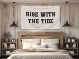 Rise With The Tide Banner - Boho Wall Decor, Coastal Nursery Sign, Beachy Fabric Banner, Ocean Quote Hanging, Inspirational Decor - thumbnail 1