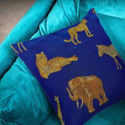 "Golden Safari Animals On Royal Blue Colonial Cushion Cover Throw Pillow. 18""/20" - thumbnail 3