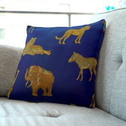 "Golden Safari Animals On Royal Blue Colonial Cushion Cover Throw Pillow. 18""/20" - thumbnail 2