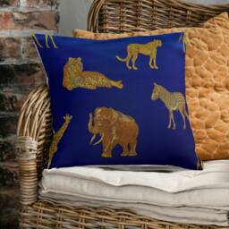 "Golden Safari Animals On Royal Blue Colonial Cushion Cover Throw Pillow. 18""/20" - thumbnail 1
