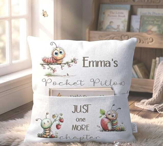 Personalised Caterpillar Book Pocket Pillow - Custom Kids Reading Gift For Story Time Nursery Cushion - image 1