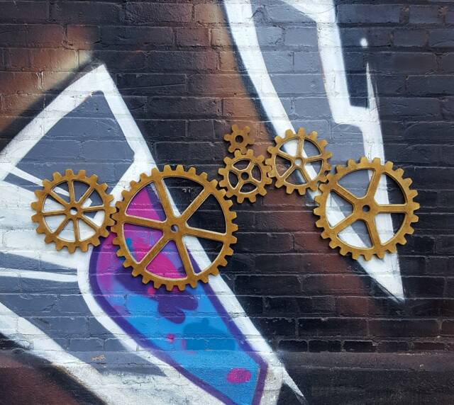 Antique Metallic Brass/Gold Gear Set, Large Wood Gear Steampunk Wall Art Decor, Industrial Wall Art - image 1