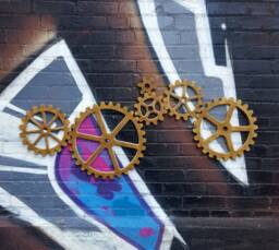 Antique Metallic Brass/Gold Gear Set, Large Wood Gear Steampunk Wall Art Decor, Industrial Wall Art - thumbnail 1