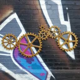 Antique Metallic Brass/Gold Gear Set, Large Wood Gear Steampunk Wall Art Decor, Industrial Wall Art - thumbnail 2