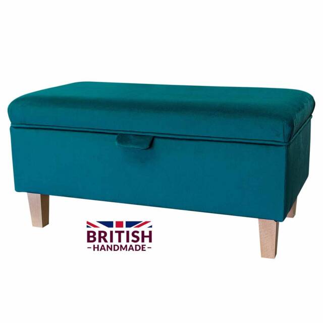 Teal Velvet Storage Ottoman British Handmade Footstool With Beech Legs - image 1