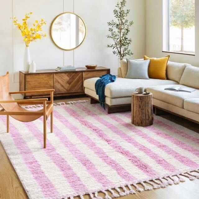 Moroccan Pink & White Berber Rug, Handwoven Wool Shag Rug With Checkerboard Pattern, Authentic Beni Ourain Style Carpet, Large Area - image 1