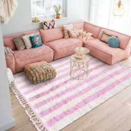 Moroccan Pink & White Berber Rug, Handwoven Wool Shag Rug With Checkerboard Pattern, Authentic Beni Ourain Style Carpet, Large Area - thumbnail 2