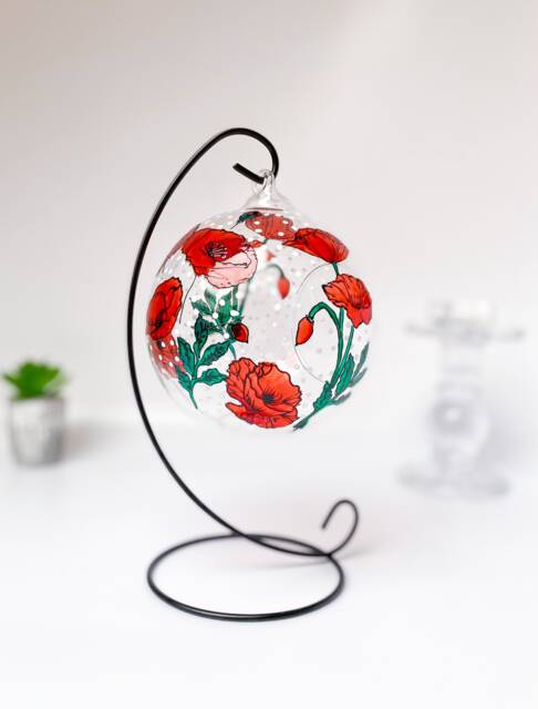 Hand-Painted Red Poppy Glass Tealight Holder With Metal Stand - image 1