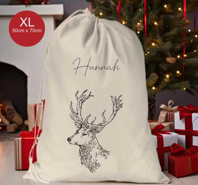 Personalised Xl Drawstring Christmas Sack/Stocking.. Black Deer Stag ..xmas Present Sack Gift Bag.. Unisex - image 1