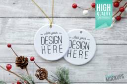 Christmas Ornament Mockup - Double Sided, Round White Porcelain Ornament, With Gold Ribbon - Digital File