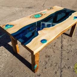 Wolin - Turquoise Eye Live Edge River Coffee Table With Glowing Resin Fillin & Wooden Legs - thumbnail 2