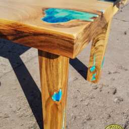 Wolin - Turquoise Eye Live Edge River Coffee Table With Glowing Resin Fillin & Wooden Legs - thumbnail 3