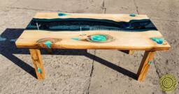 Wolin - Turquoise Eye Live Edge River Coffee Table With Glowing Resin Fillin & Wooden Legs - thumbnail 1