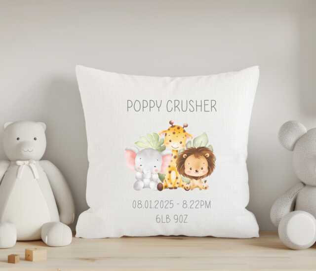 Personalised New Baby Present, Safari Animals Nursery Cushion, Boy Gift, Decor, Animal Gift - image 1
