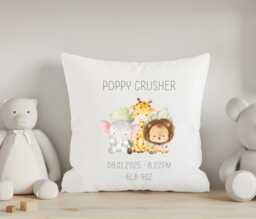 Personalised New Baby Present, Safari Animals Nursery Cushion, Boy Gift, Decor, Animal Gift