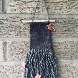 starry Dreams Wall Weaving - Gray & Pink Fiber Art Tapestry - thumbnail 4