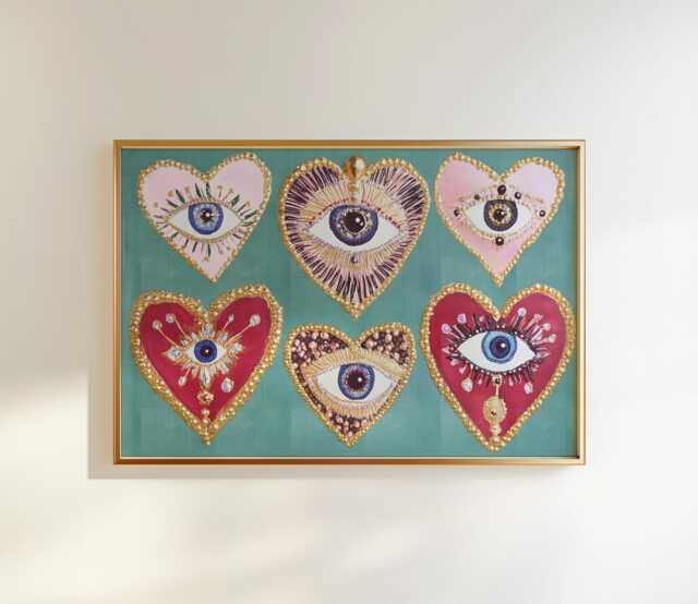 Coquette Heart Eye Print, Glam Pink & Red Celestial Wall Art - image 1