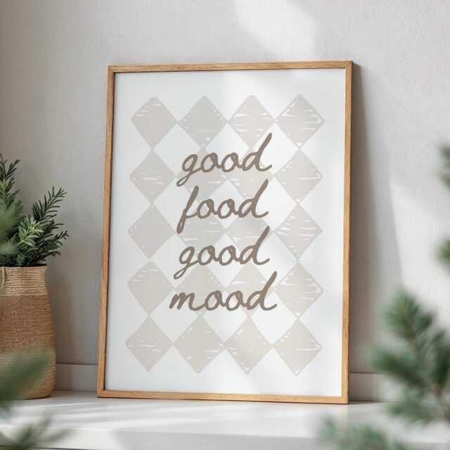 Good Food Mood Beige Checked Kitchen Wall Print, Retro Postive Quote Poster, Neutral Minimalist Checkered Aesthetic Print - image 1