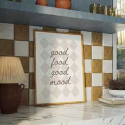 Good Food Mood Beige Checked Kitchen Wall Print, Retro Postive Quote Poster, Neutral Minimalist Checkered Aesthetic Print - thumbnail 2