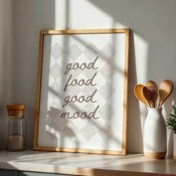 Good Food Mood Beige Checked Kitchen Wall Print, Retro Postive Quote Poster, Neutral Minimalist Checkered Aesthetic Print - thumbnail 3