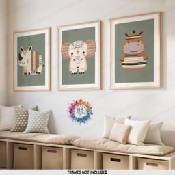Boho Safari Nursery Wall Art - Set Of 3 Posters - Kids Playroom Prints Cute Animal Designs Green Coloured Decor Baby Bedroom Artwork - thumbnail 2