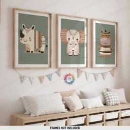 Boho Safari Nursery Wall Art - Set Of 3 Posters - Kids Playroom Prints Cute Animal Designs Green Coloured Decor Baby Bedroom Artwork - thumbnail 1