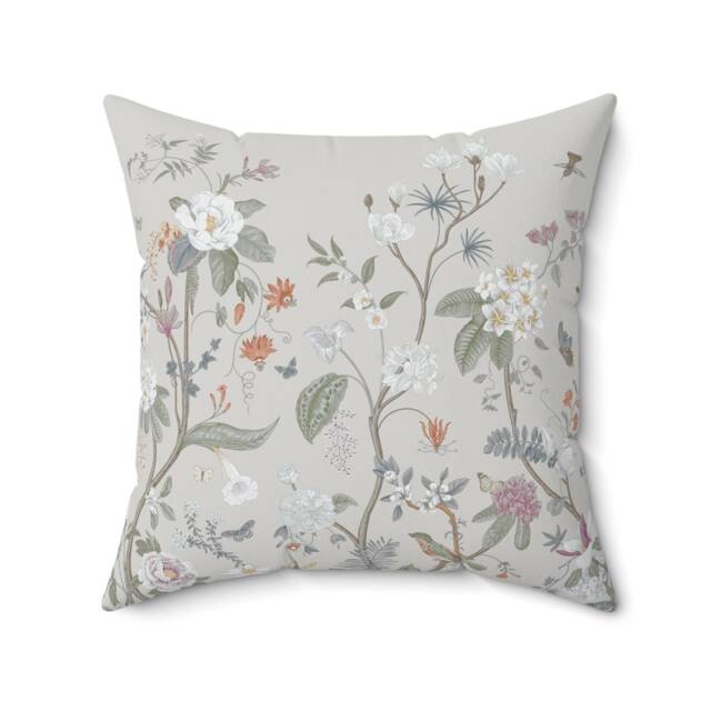 Chinoiserie Floral Pillow Cover - Soft Faux Suede Fabric Pretty Asian Pattern Oriental Dove Grey Beige Decorative Cushion - image 1
