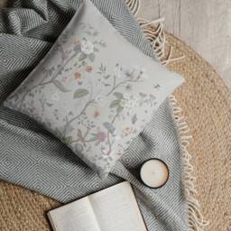 Chinoiserie Floral Pillow Cover - Soft Faux Suede Fabric Pretty Asian Pattern Oriental Dove Grey Beige Decorative Cushion - thumbnail 2